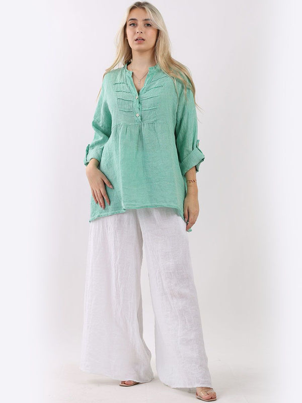 Plain Pleated Front Dip Hem Linen Tunic Top
