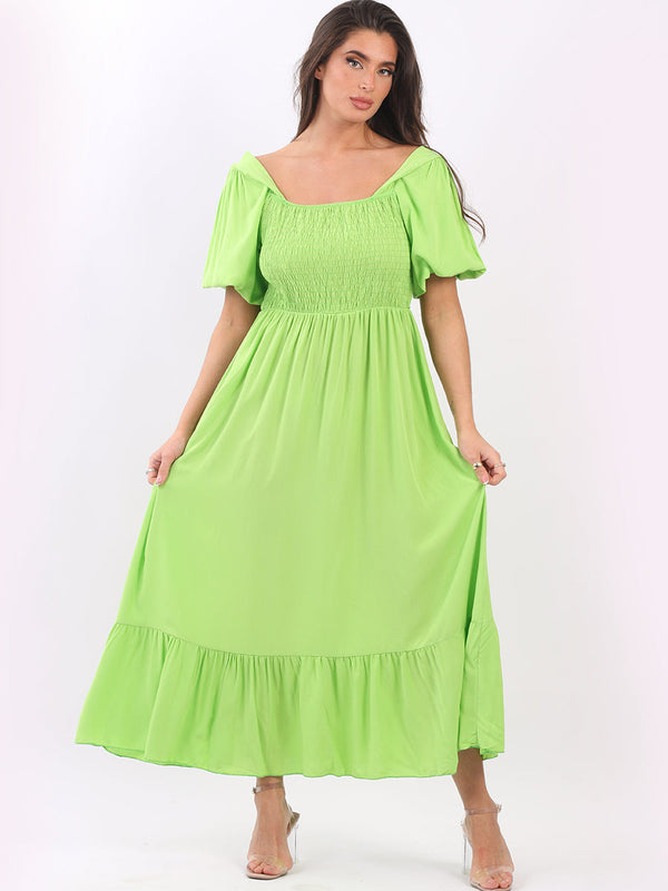 Women Shirred Smocked Long Maxi Sundress
