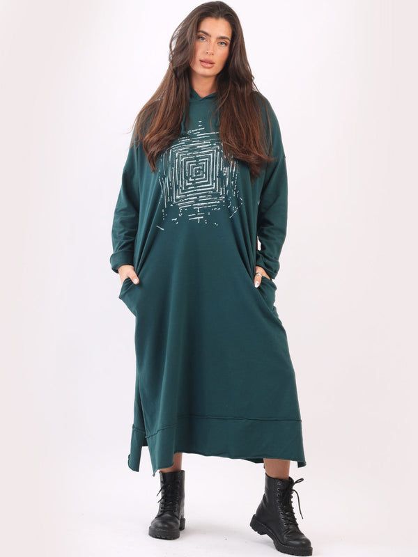 Sequin Cotton Lagenlook Oversized Hooded Dress