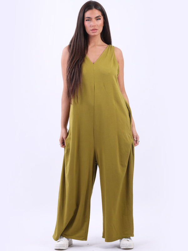 Plus Size V-Neck Sleeveless Cotton Lagenlook Jumpsuit