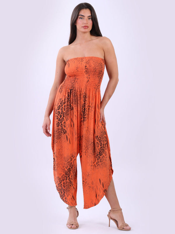 Smocked Animal Print Tube Jumpsuit