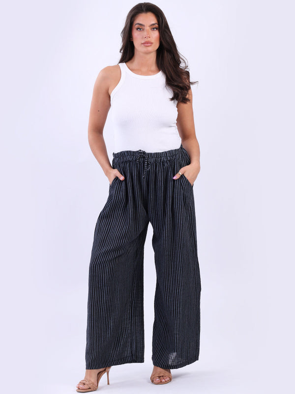 Women Wide Leg Stripy Cotton Pants