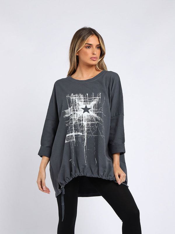 Abstract Star Print Drawstring Dipped Hem Cotton Top