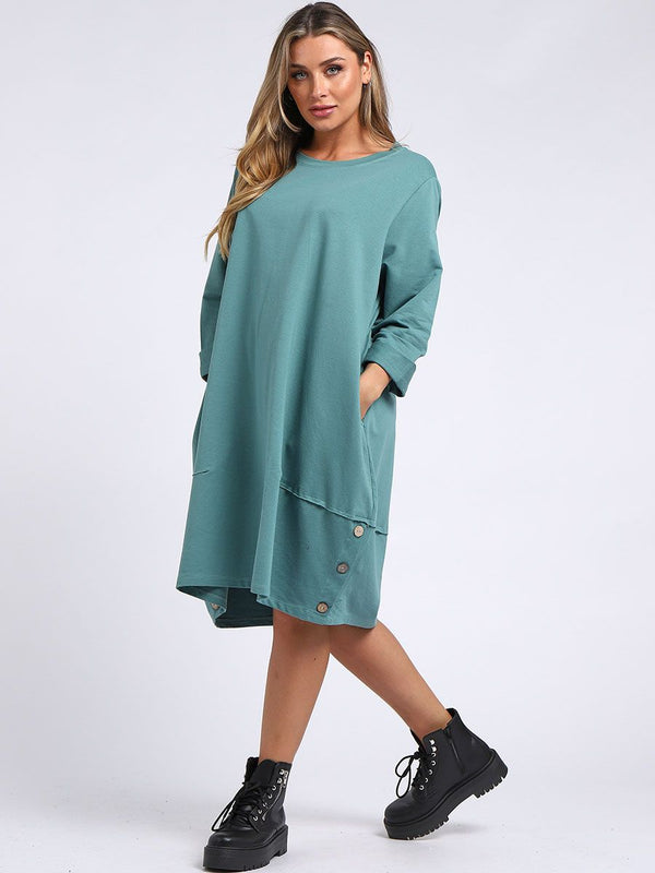 Plain Buttoned Hem Slouch Dress