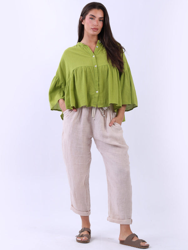 Solid Cotton Front Buttons Peplum Top