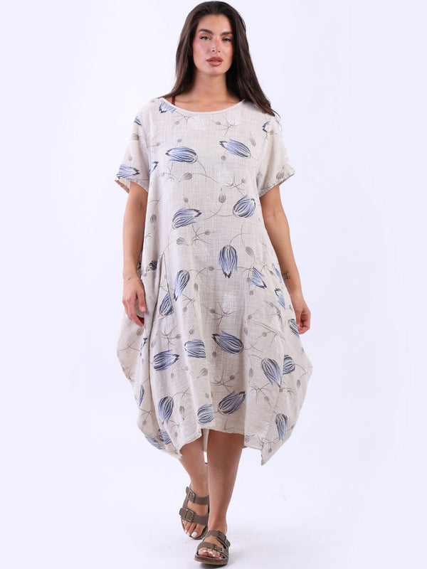 Women Lagenlook Cotton Floral Print Summer Midi Dress