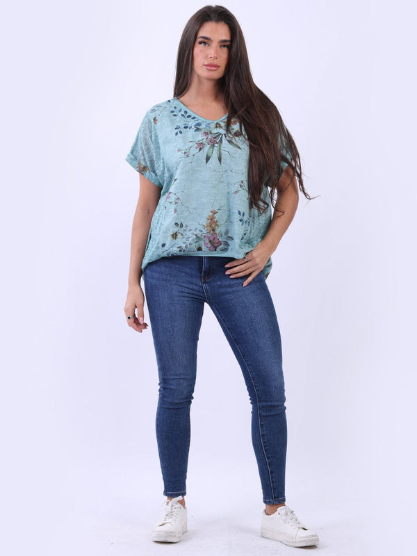 Vintage Washed Floral Print Linen Crop Top