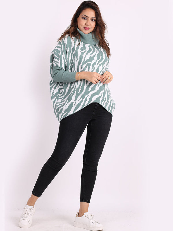 Zebra Print Cowl Neck Batwing Lagenlook Knitted Jumper