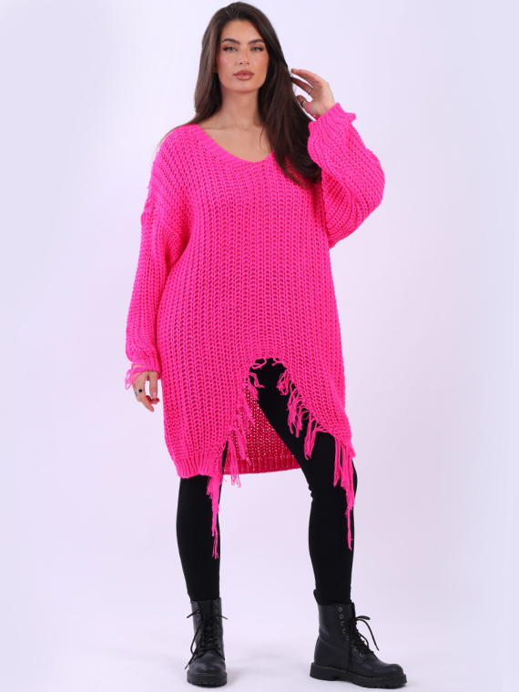 Women Drop Shoulder Fringed Chunky Knit Pullover