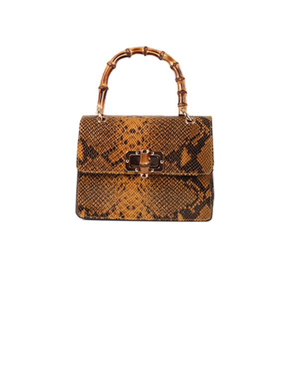 Italian Snake Print Leather Hand Bag-Camel 