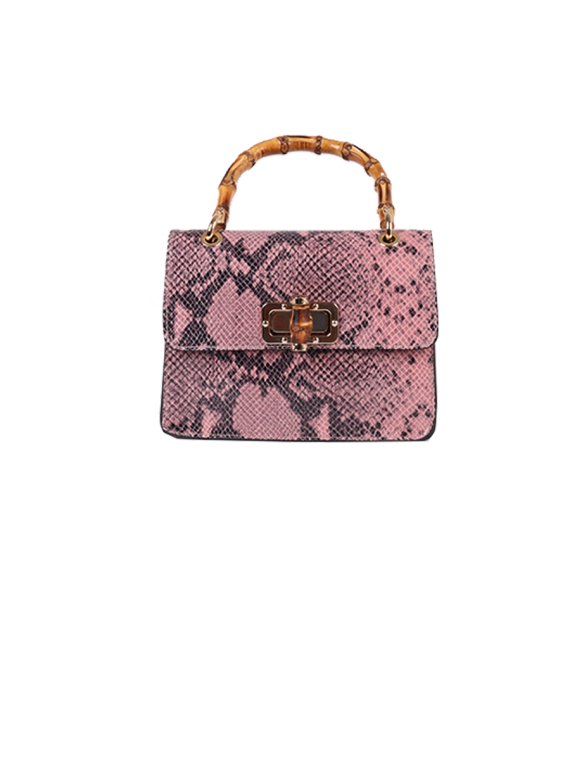 Italian Snake Print Leather Hand Bag-Pink