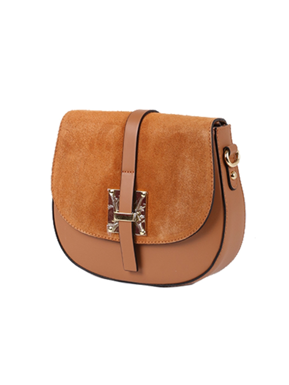 Italian Strap Tab Leather Saddle Bag-Camel side