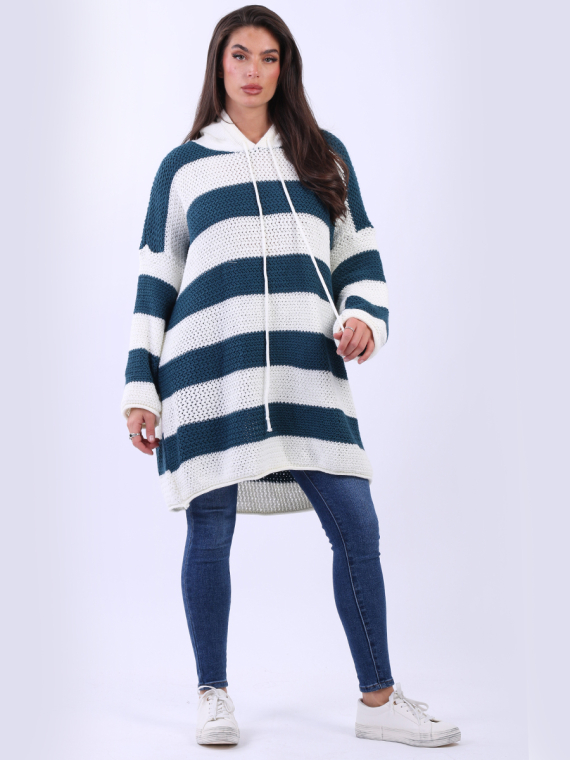 Women Knitted Stripy Drawstring Plus Size Hoodie