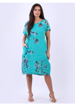 Floral Side Ribbed Front Pocket Linen Lagenlook Dress