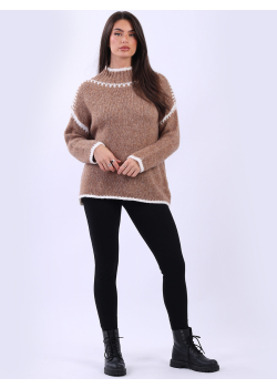 Contrast Stitch Woolen Knitted Crop Sweater