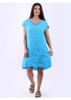 V-Neck Solid Linen Shift Sequin Midi Dress