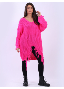 Women Drop Shoulder Fringed Chunky Knit Pullover