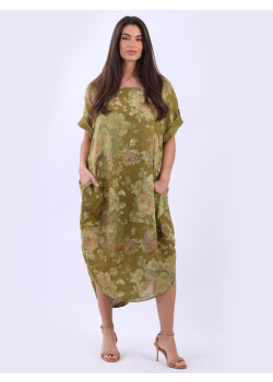 Floral Print Linen Oversized Midi Dress