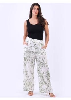 Butterfly And Blossom Print Linen Straight Leg Pant