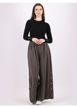 Plain Side Buttons Cotton Corduroy Ladies Wide Leg Trouser