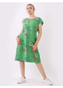 Cap Sleeves Side Ribbed Sides Pocket Floral Linen Dress