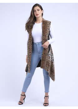 Contrast Leopard Print & Faux Leather Sleeveless Cardigan