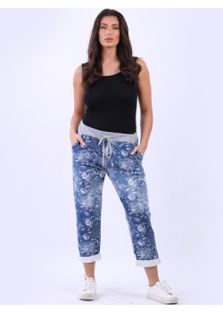 Women Floral Print Cotton Denim Pants