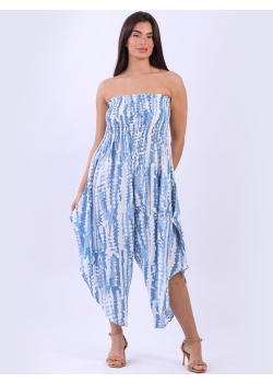 Tie And Dye Print Smocked Strapless Jumpsuit