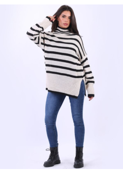 Ladies Stripy Funnel Neck Baggy Woolen Sweater