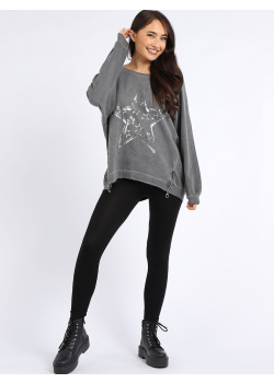 Fancy Star Foil Print Cotton Lagenlook Sweat Top