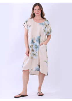 Ladies Linen Lagenlook Floral Midi Dress