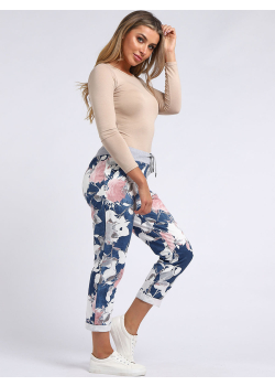 Floral Print Cotton Denim Slouch Joggers