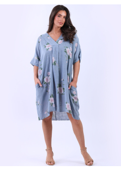 Flower Print V-Neck Cotton Lagenlook Oversized Dress