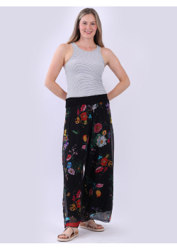 Floral Print Women Wide Leg Silk Trouser