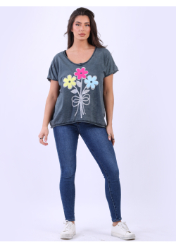 Vintage Washed Embossed Bouquet Ladies T-Shirt