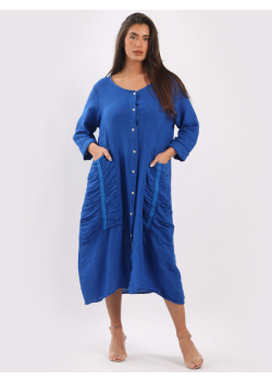 Linen Front Buttons Lagenlook Slouchy Midi Dress