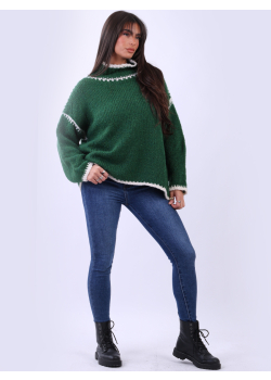 Contrast Stitch Lagenlook Knitted Wooly Jumper