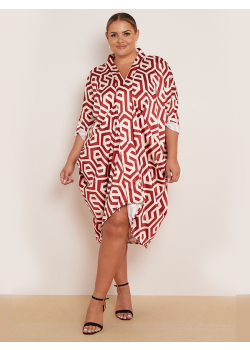 Plus Size Geometric Print V-Neck Ruched Sides Lagenlook Drape Midi Dress