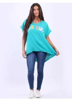 Ladies V-Neck Good Vibes Slogan Cotton T-Shirt