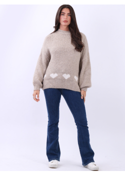 Solid Heart Knit Hem Baggy Woolen Jumper