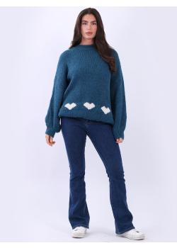 Solid Heart Knit Hem Baggy Woolen Jumper