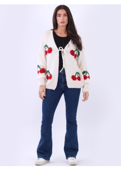 Cherry Knit Pattern Ribbed Trim Wool Cardigan