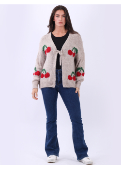 Cherry Knit Pattern Ribbed Trim Wool Cardigan