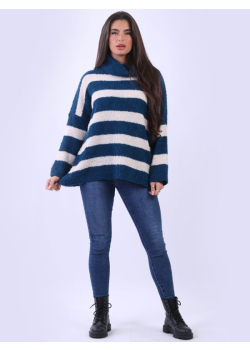 Woman Stripy Woolen Lagenlook Knitted Jumper