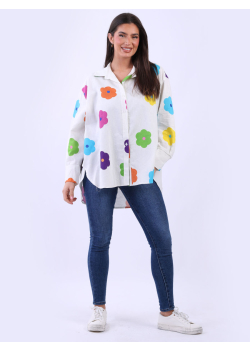 Multi Flower Print Linen Plus Size Collar Shirt