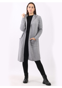 Open Front Cable Knit Sleeves And Pockets Hooded Cardigan