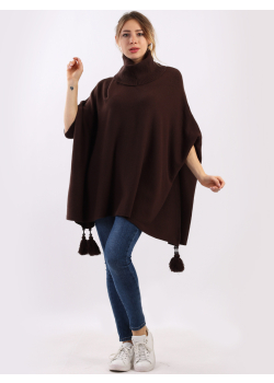 Plain Cowl Neck Batwing Sleeves Tassels Tunic Poncho