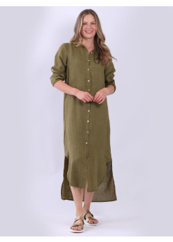 Made In Italy Plain Linen Front Buttons Lagenlook Shirt Dress