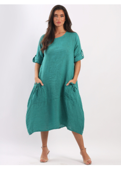 Front String Pockets Plain Linen Lagenlook Oversized Slouchy Dress