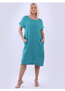 Ladies Oversized Plain Linen Lagenlook Midi Dress